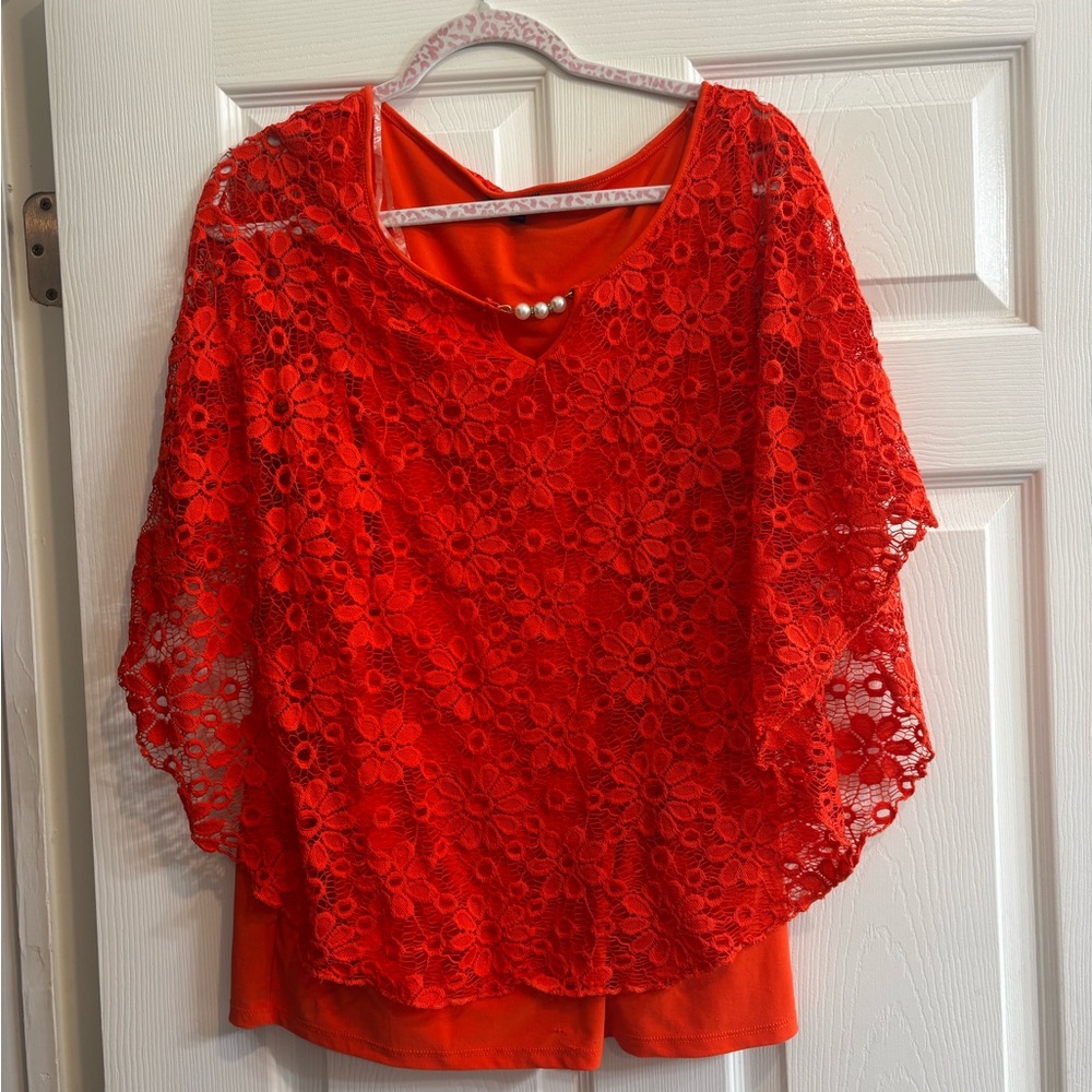 Olivia Blu: Red Lace Overlay Blouse with Pearls – Size XL